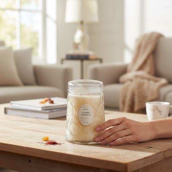 Leoben Co Amber Saffron Vegan Soy Wax Candle Glass Faceted 18oz Jar 80 Hr Burn - Picture 1 of 2